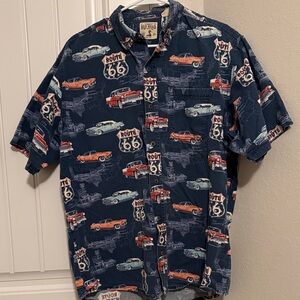 RED HEAD Route 66 Themed Hawaiian Men's Shirt EUC L